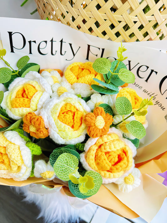 6 pcs Gradient Color Roses with  9 Puff Flowers Crochet Bouquet