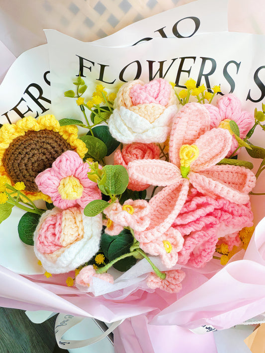 Jumbo Pink Fever with 1 Sunflower Mixer Crochet Bouquet