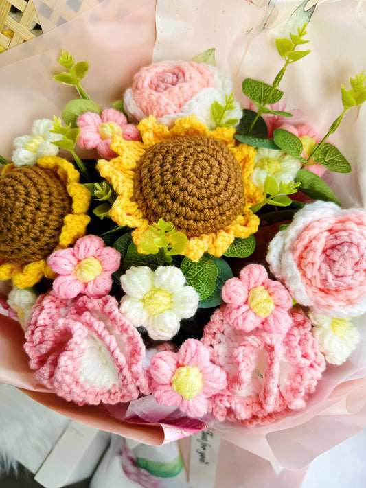 Jumbo Pink Fever with 2 Sunflowers Mixer Crochet Bouquet